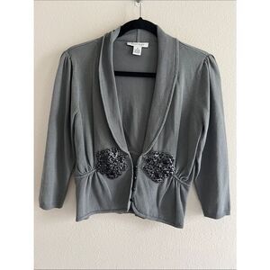 White House Black Market Silk Beaded Cardigan Gray Embellished Y2K Sweater M